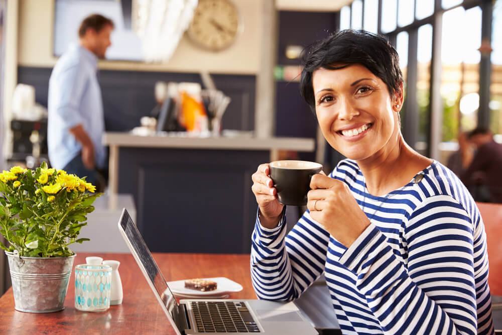 Woman enjoying a cup of coffee at a coffeehouse